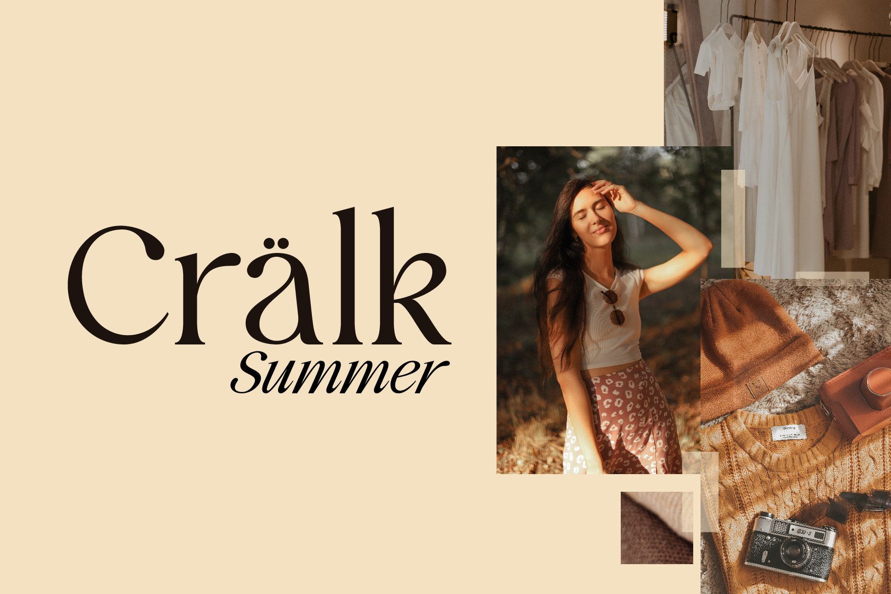 Cralk Summer fashion collage with woman model warm tones vintage camera styling