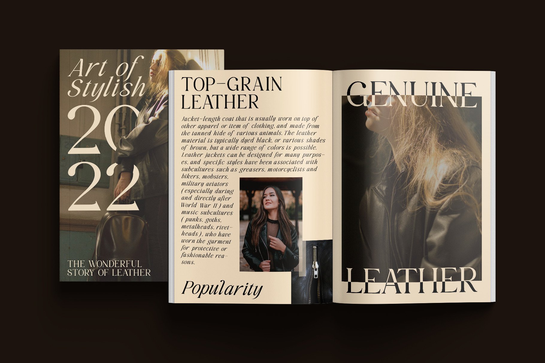 Spread of editorial layout pages about leather jackets with vintage typography styling