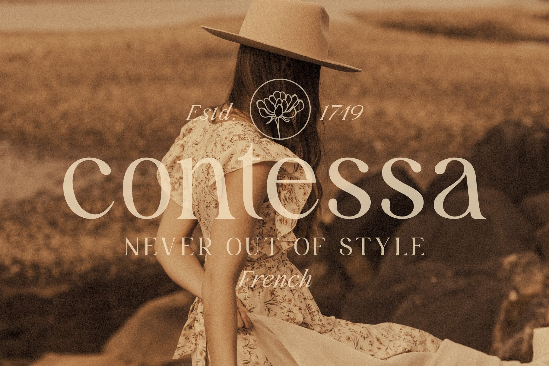 Contessa serif typeface with woman in cowboy hat on desert landscape
