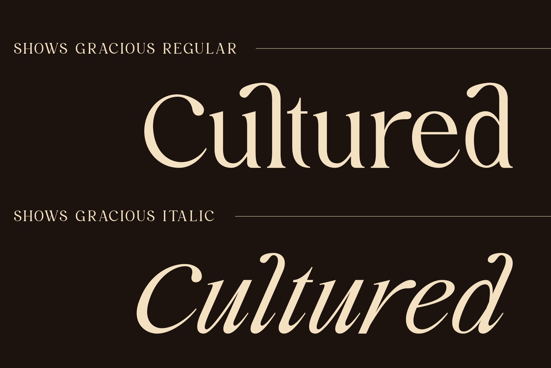 Cultured typeface shows gracious regular italic variations on dark