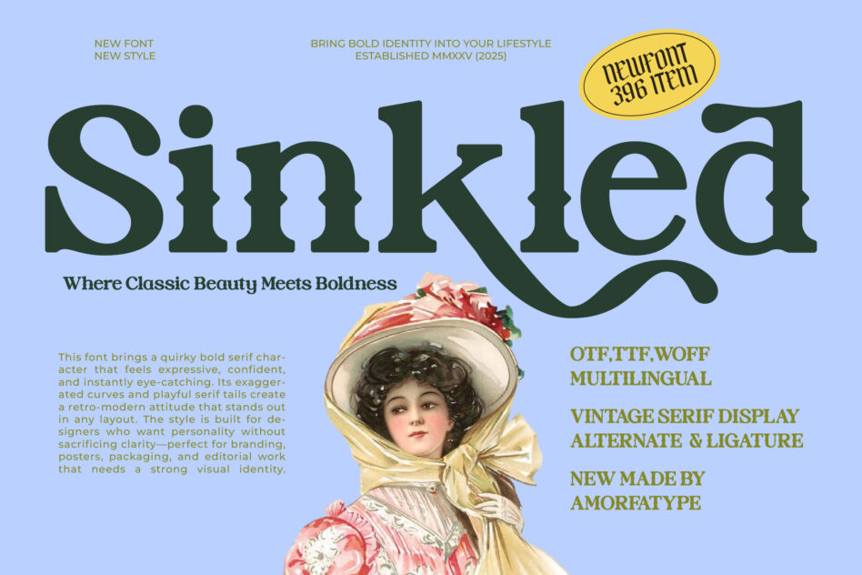 Sinkled serif font showcase with vintage portrait on light blue background