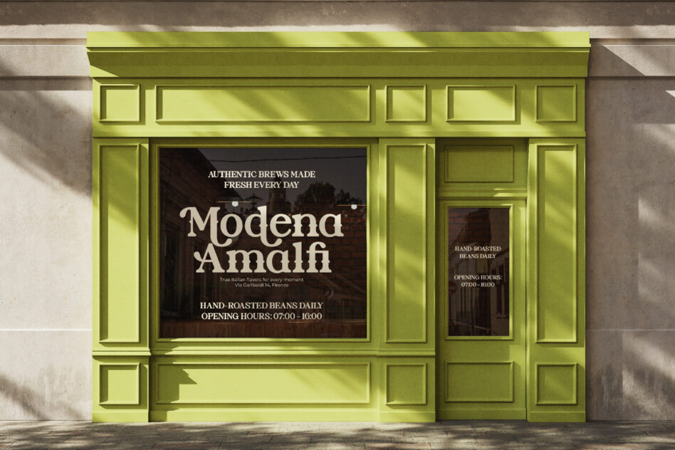 Bright lime storefront mockup for Modena Amalfi coffee shop with paneled windows displaying signage