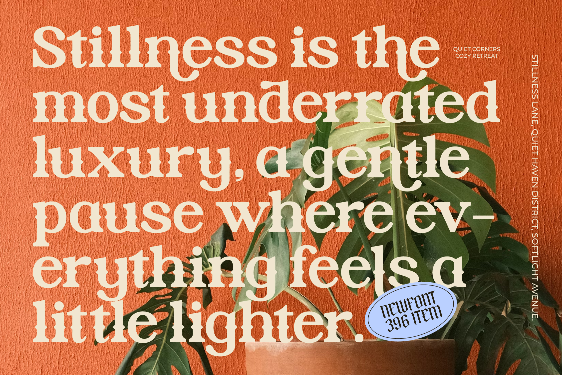 Burnt orange textured background with cream serif type overlay, green plant on right side, small blue badge showing font name