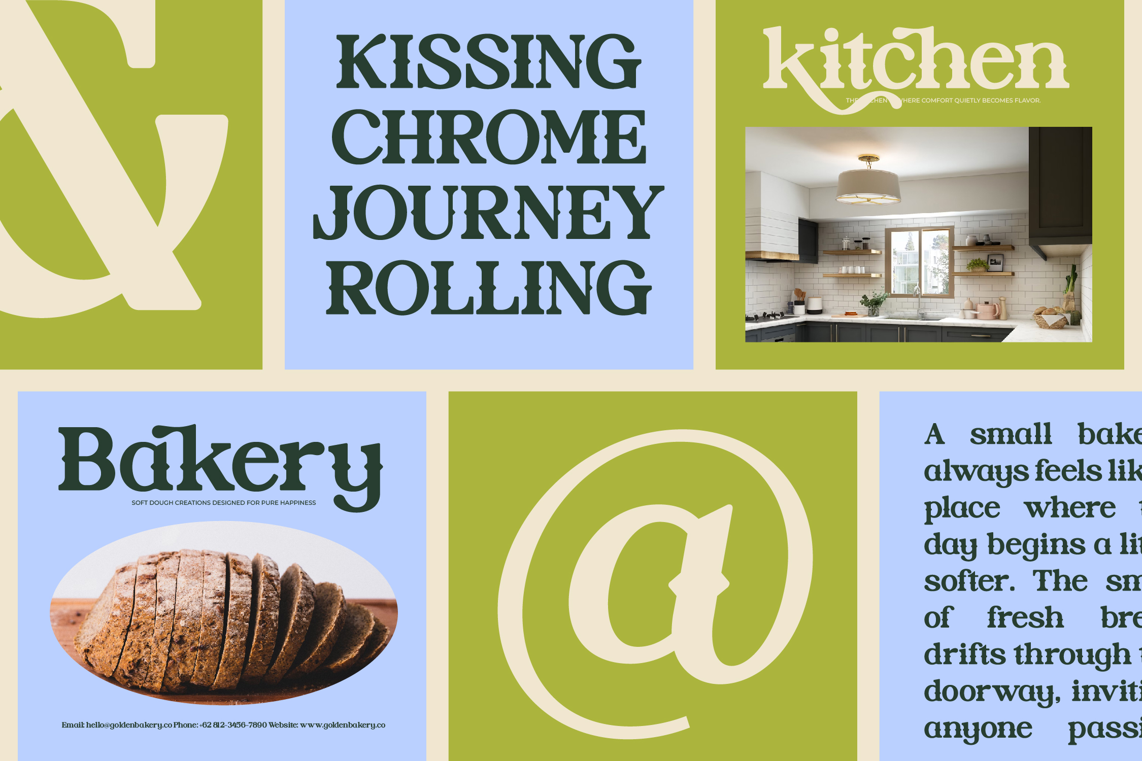 Grid layout with lime green, periwinkle, cream colored tiles featuring serif type, kitchen interior, sliced bread, symbolic letterforms