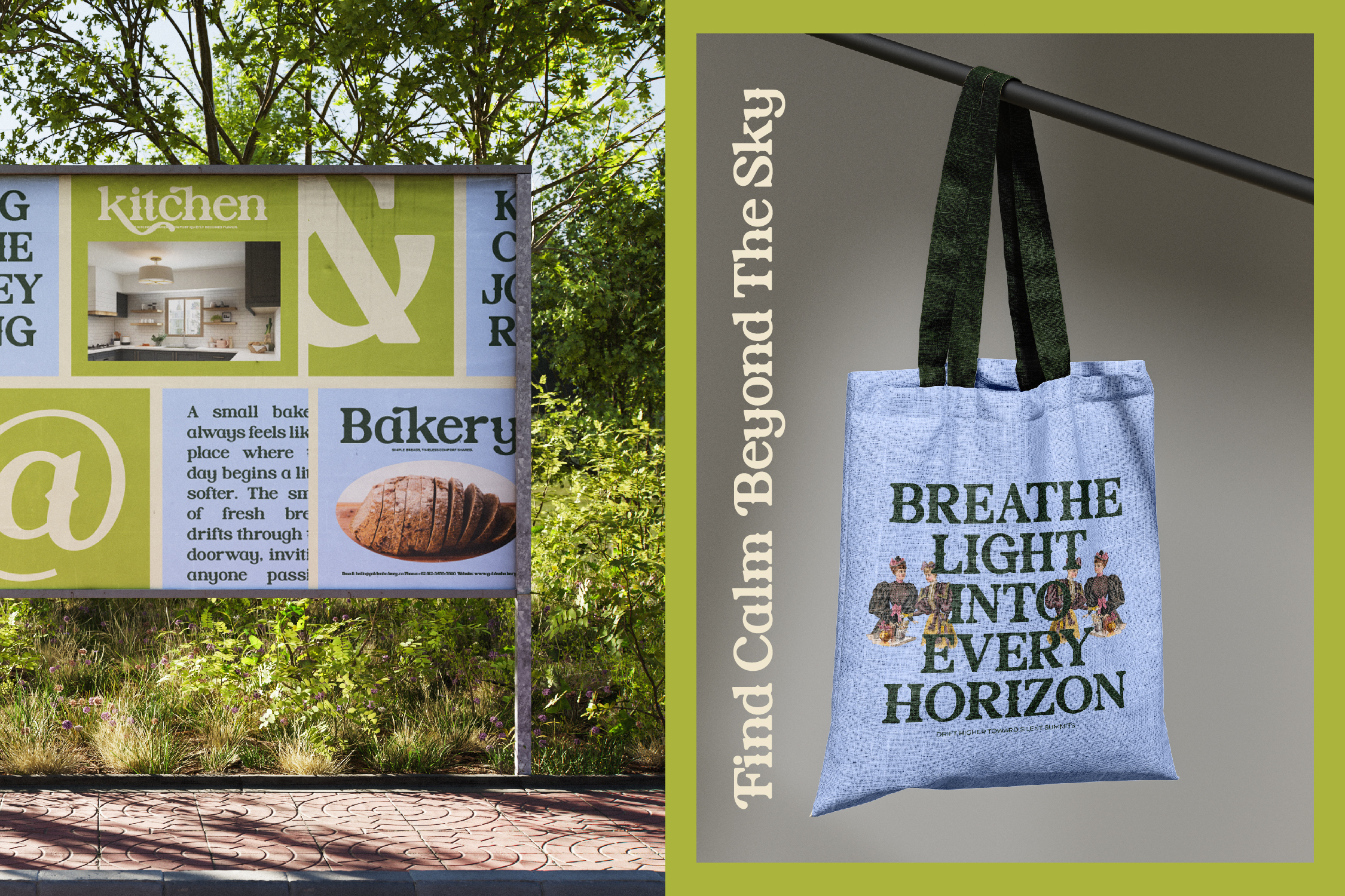Light blue tote bag with dark green handles hanging from rod, text reads Breathe Light Into Every Horizon
