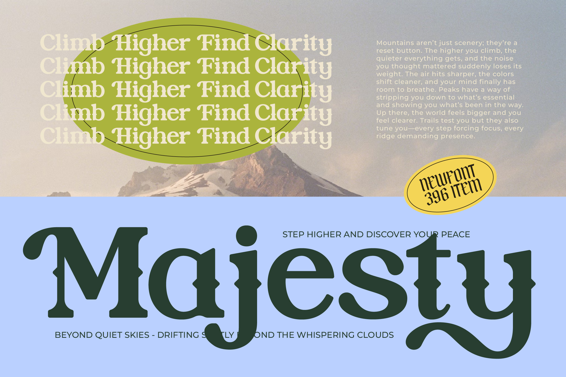 Motivational mountain poster mockup with bold serif typography, lime green oval shapes, blue lower section, inspirational copy about climbing higher