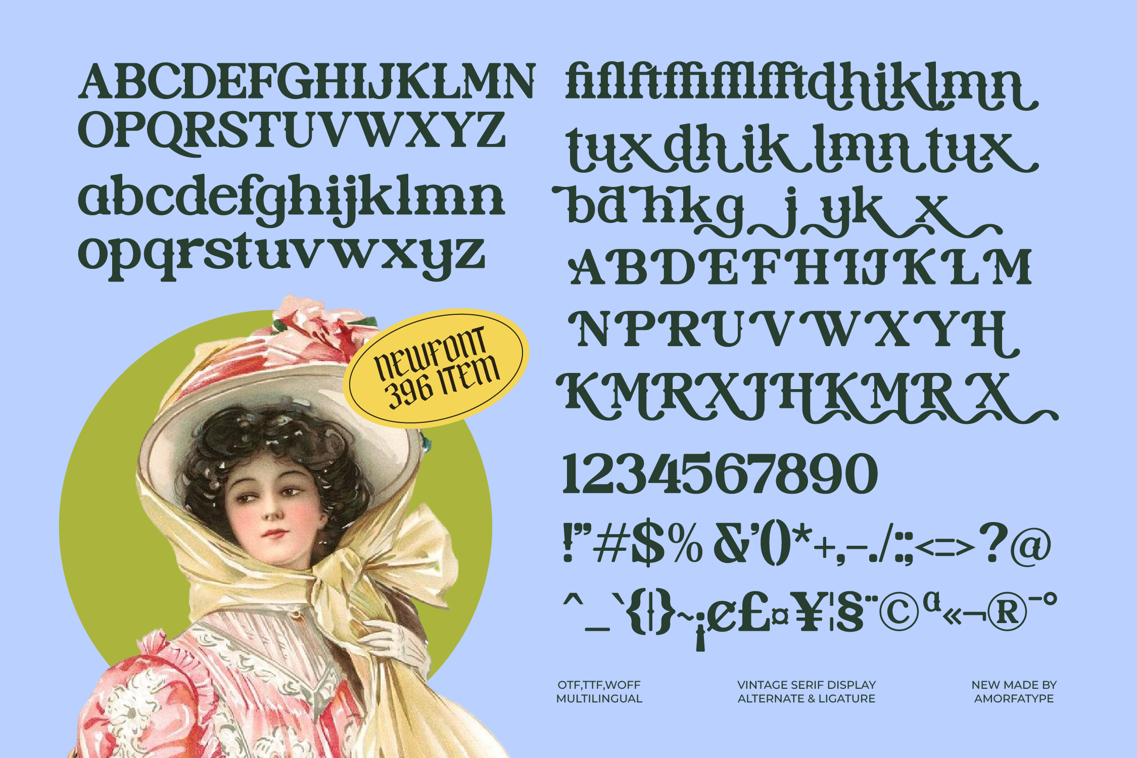 Newfont 396 serif typeface with vintage woman illustration on blue background