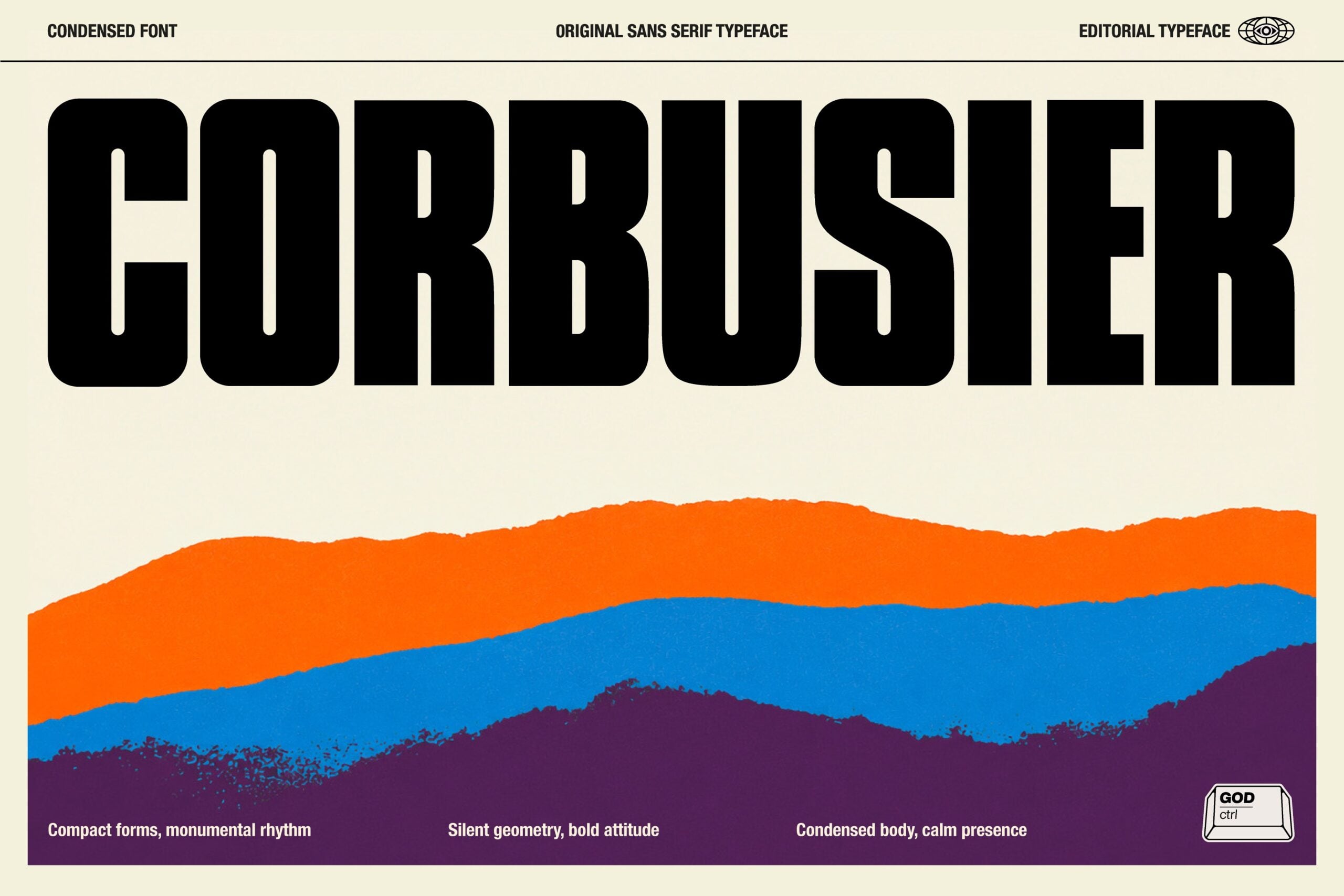Gorbusier condensed sans serif font displayed in black with layered orange, blue, purple wavy shapes below
