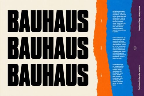Corbusier typeface specimen showing bold black letters with colorful side panels describing font features