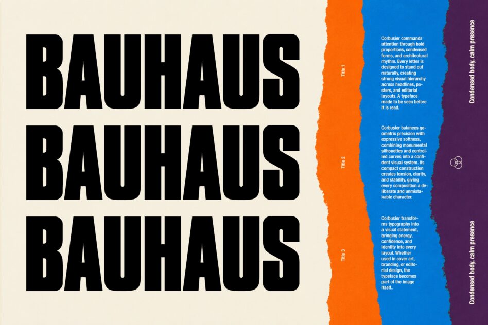 Corbusier typeface specimen showing bold black letters with colorful side panels describing font features