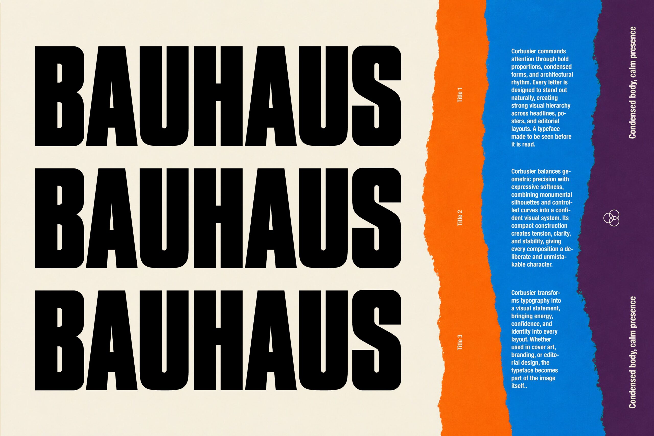 Corbusier typeface specimen showing bold black letters with colorful side panels describing font features