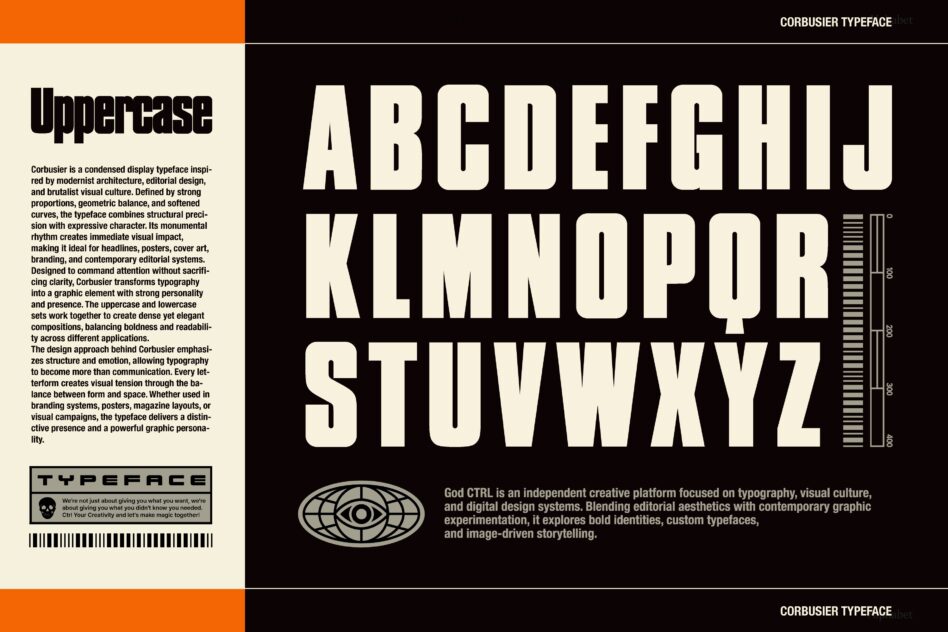 Corbusier typeface specimen showing bold uppercase letters on black with cream text, geometric design details, orange accent stripe