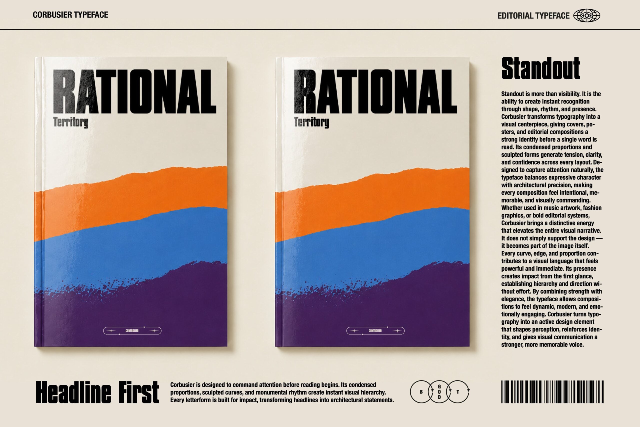 Book cover mockup showing Rational Territory with bold typography over colorful gradient layers