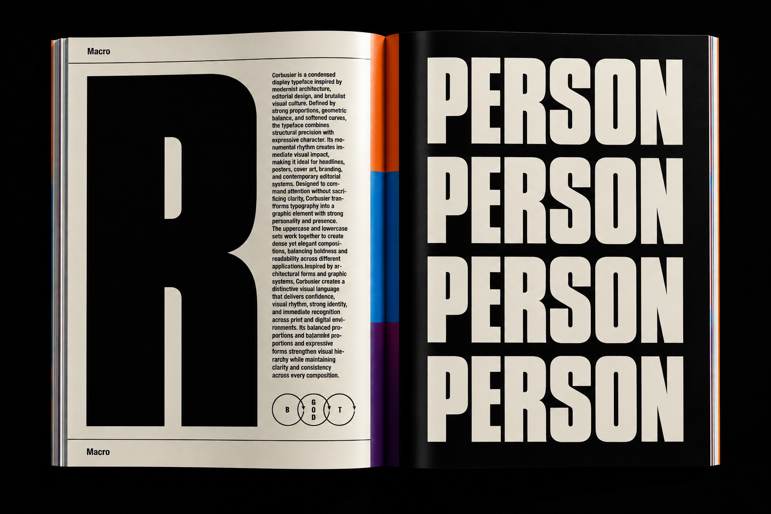 Open magazine spread showing Corbusier typeface with bold letters on left page, stacked "PERSON" text on right page