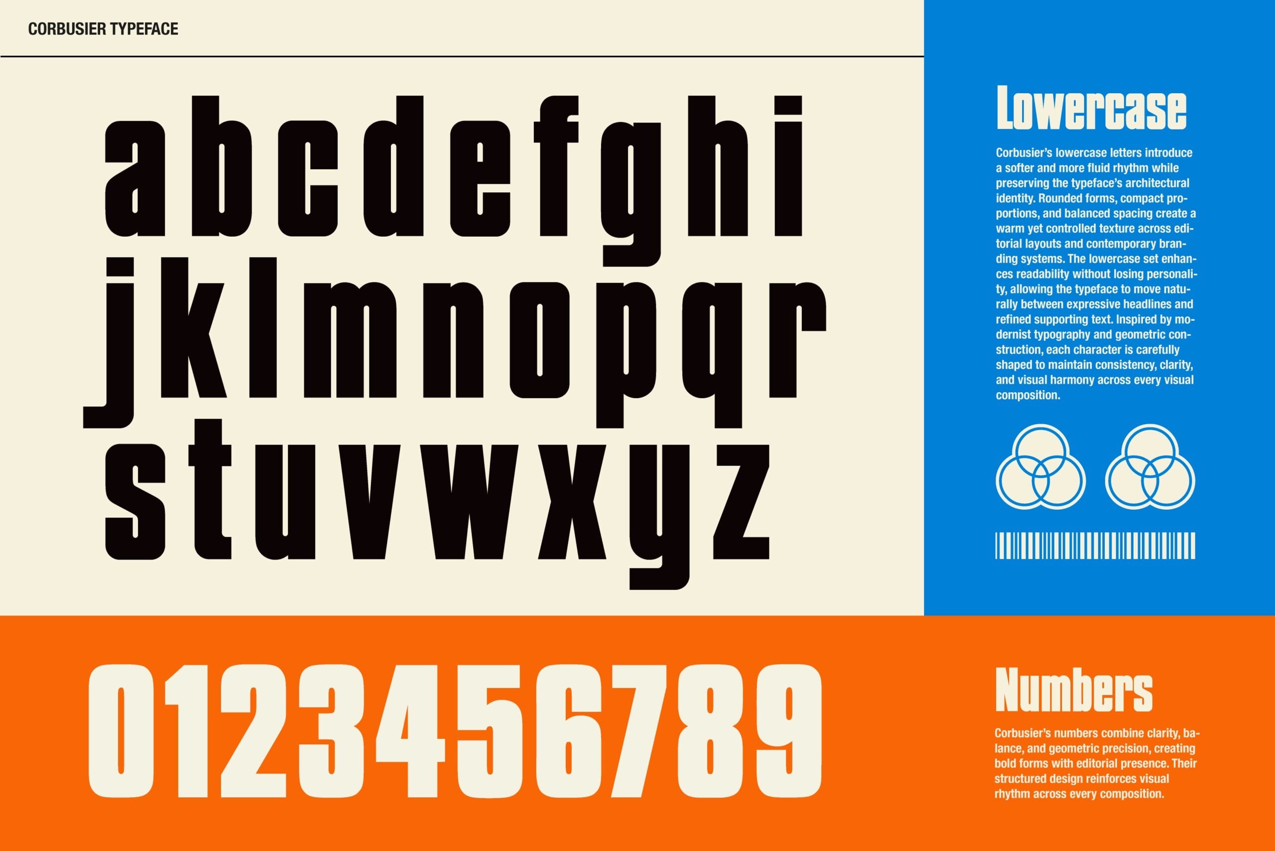 Corbusier typeface lowercase letters with numbers on color blocked layout
