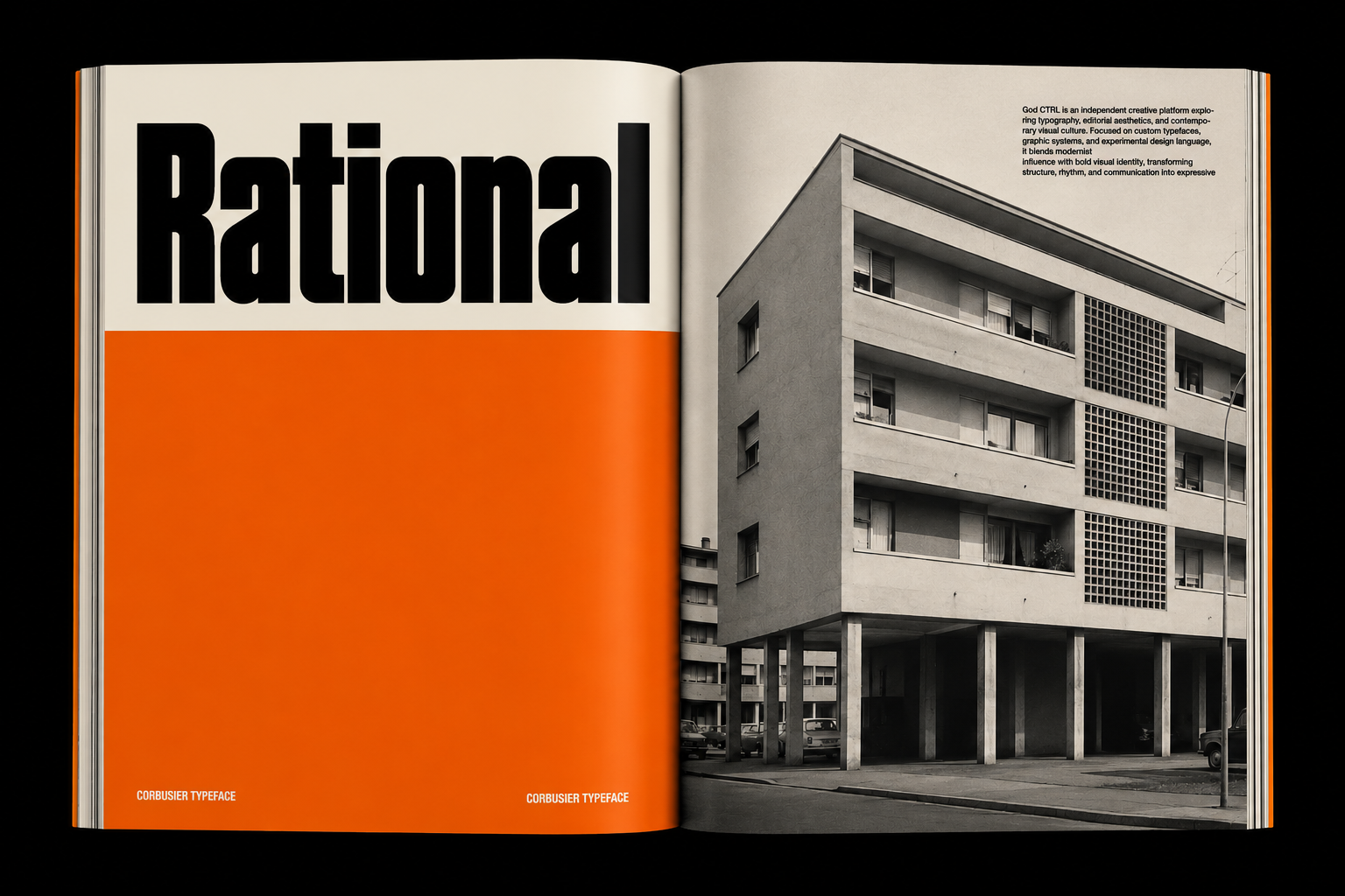Open magazine spread showing bold "Rational" typography over orange with modernist architecture photo