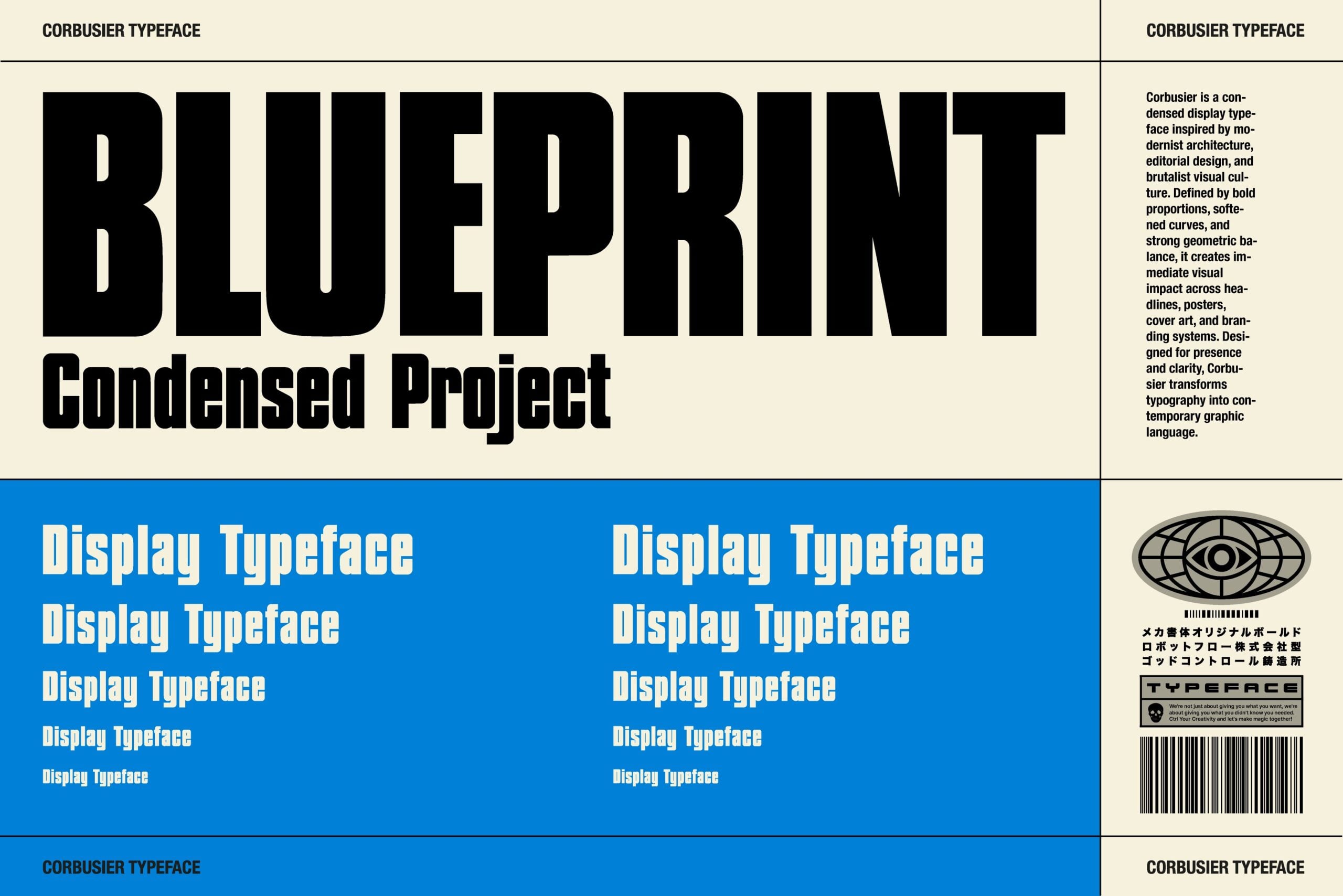 Corbusier condensed display typeface specimen sheet with bold black letters on cream background, blue section showing size variations, plus Japanese packaging mockup with barcode detail