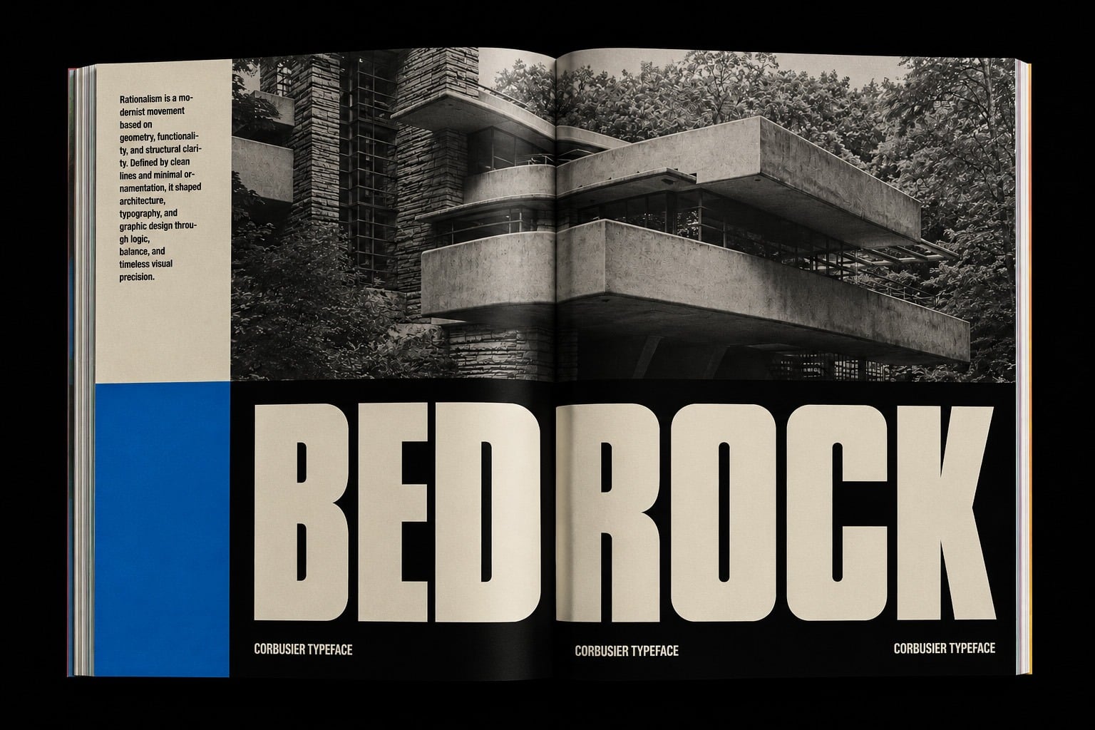 Open magazine spread with brutalist architecture photo, cream text on black, Corbusier typeface