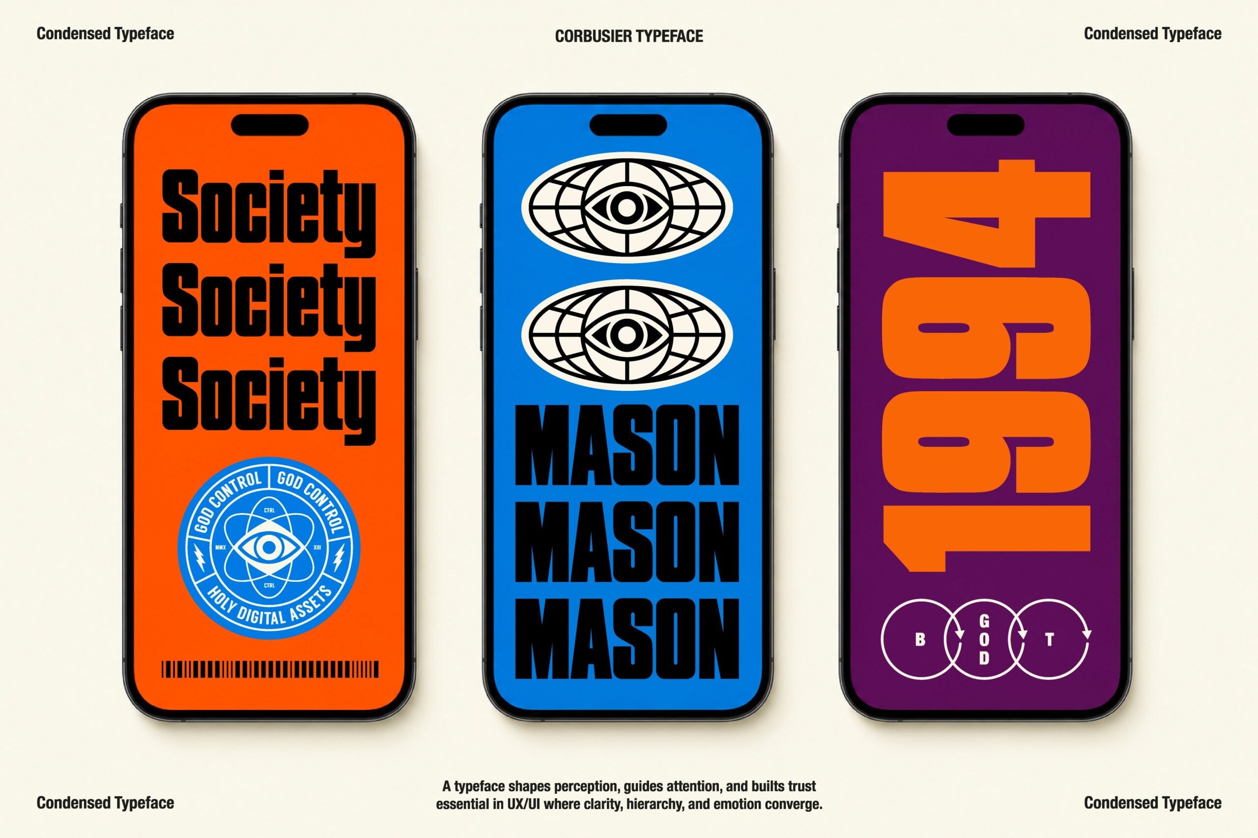 Three phone mockups showcasing bold typeface designs with vibrant orange, blue, plus purple color schemes