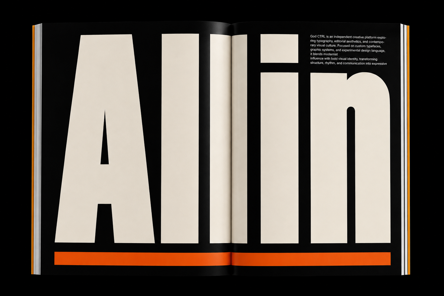 Oversized typography spread in cream with bold black cutouts, orange accent bar across open magazine pages