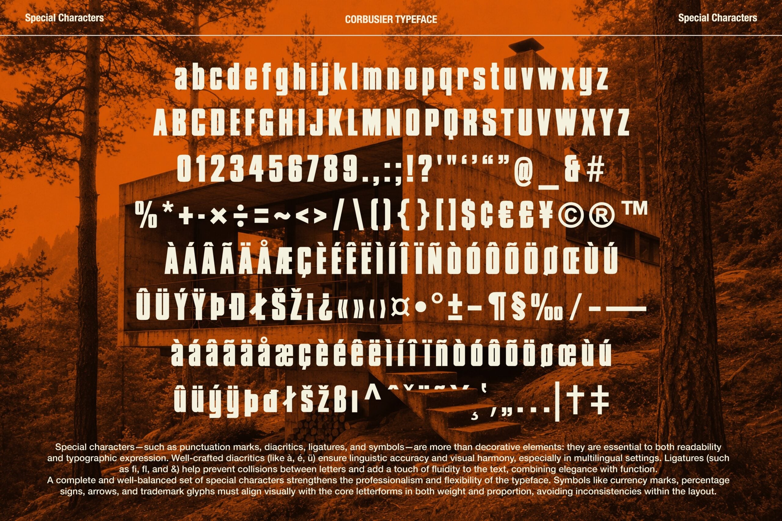 Corbusier typeface showing full character set with diacritics, symbols, numbers on orange forest background