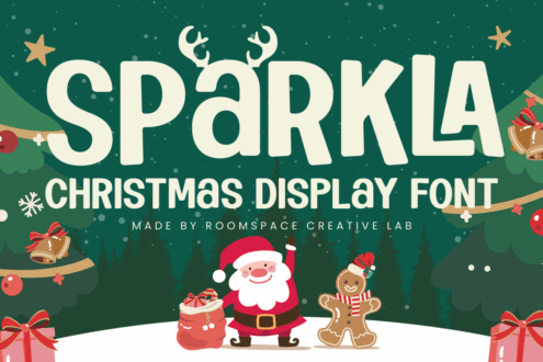 Sparkla Christmas display font specimen with reindeer Santa gingerbread bells gifts on green