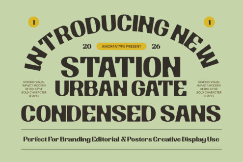 Urban Gate condensed sans typeface with bold retro vibes on sage green background