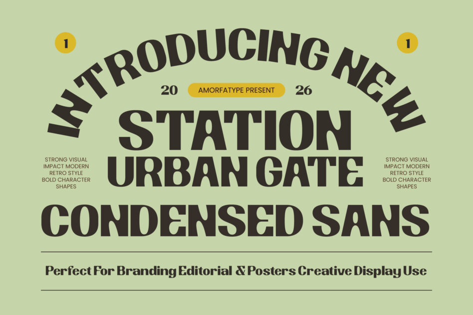 Urban Gate condensed sans typeface with bold retro vibes on sage green background