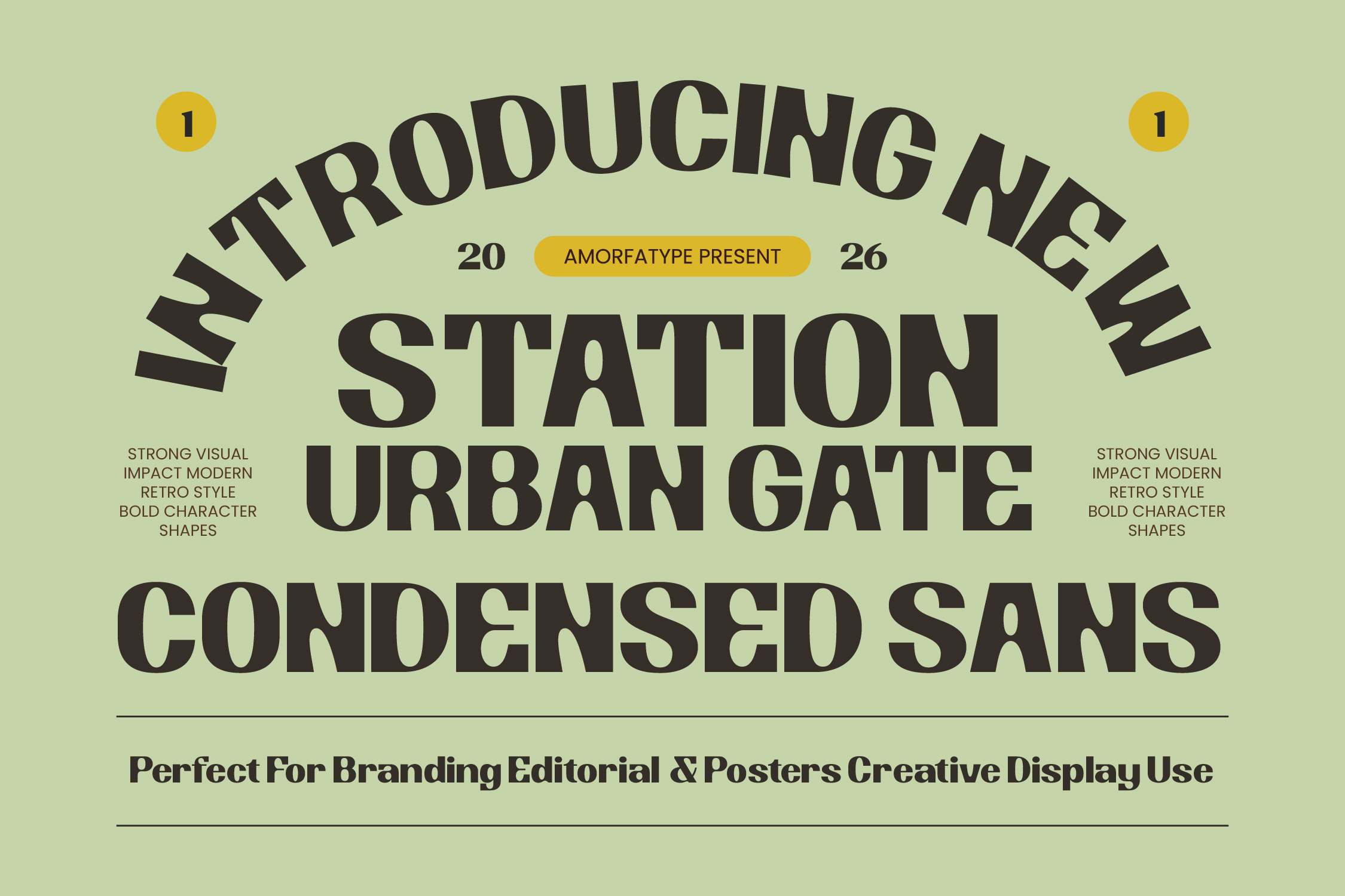 Urban Gate condensed sans typeface with bold retro vibes on sage green background