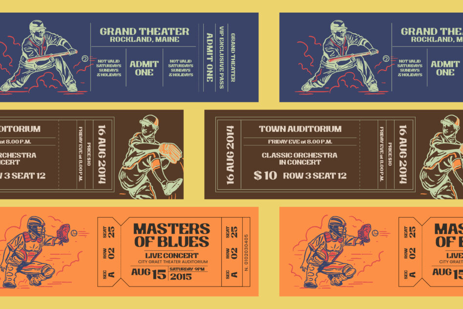 Vintage concert ticket mockups with retro line art illustrations, navy, brown, orange color blocks