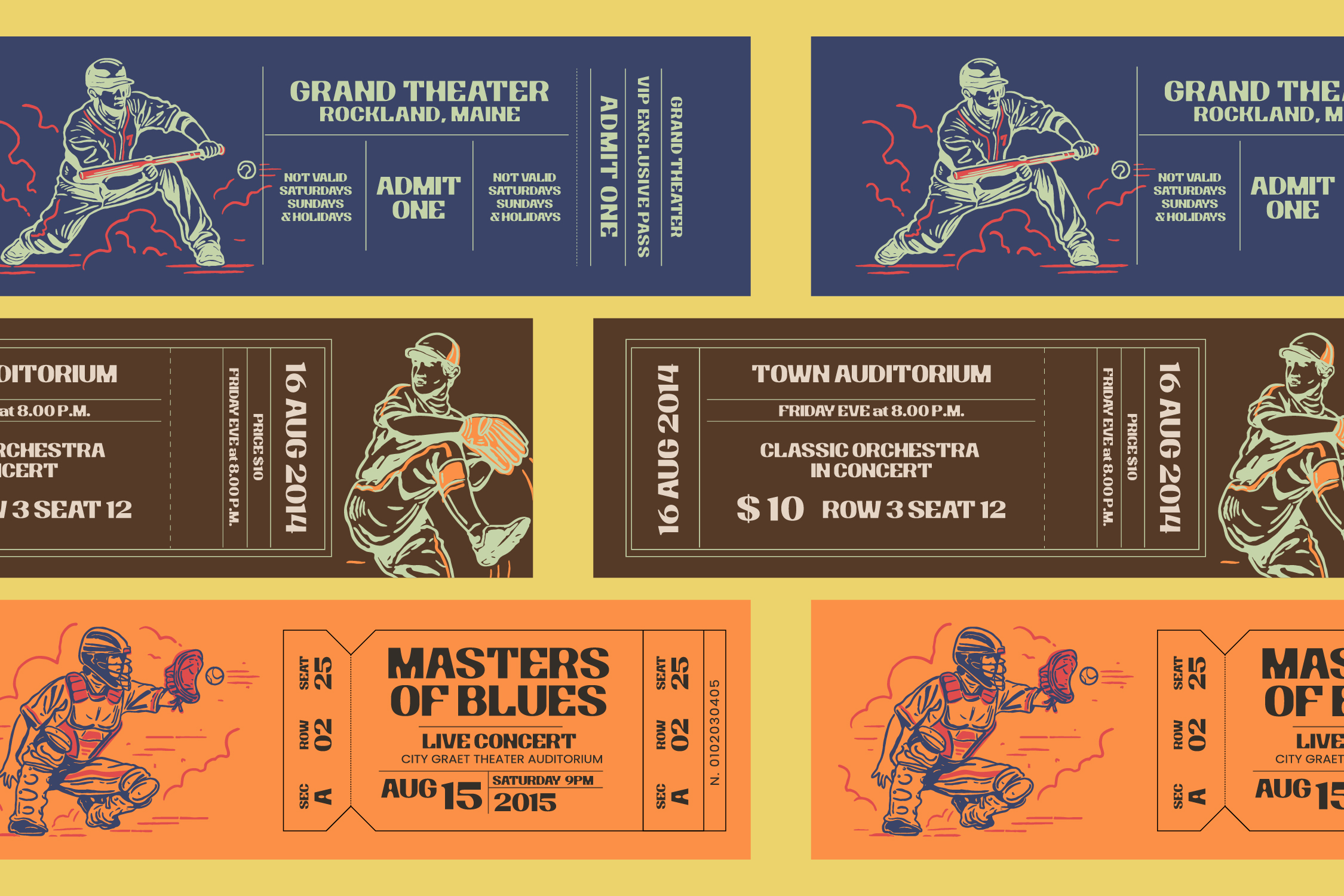 Vintage concert ticket mockups with retro line art illustrations, navy, brown, orange color blocks