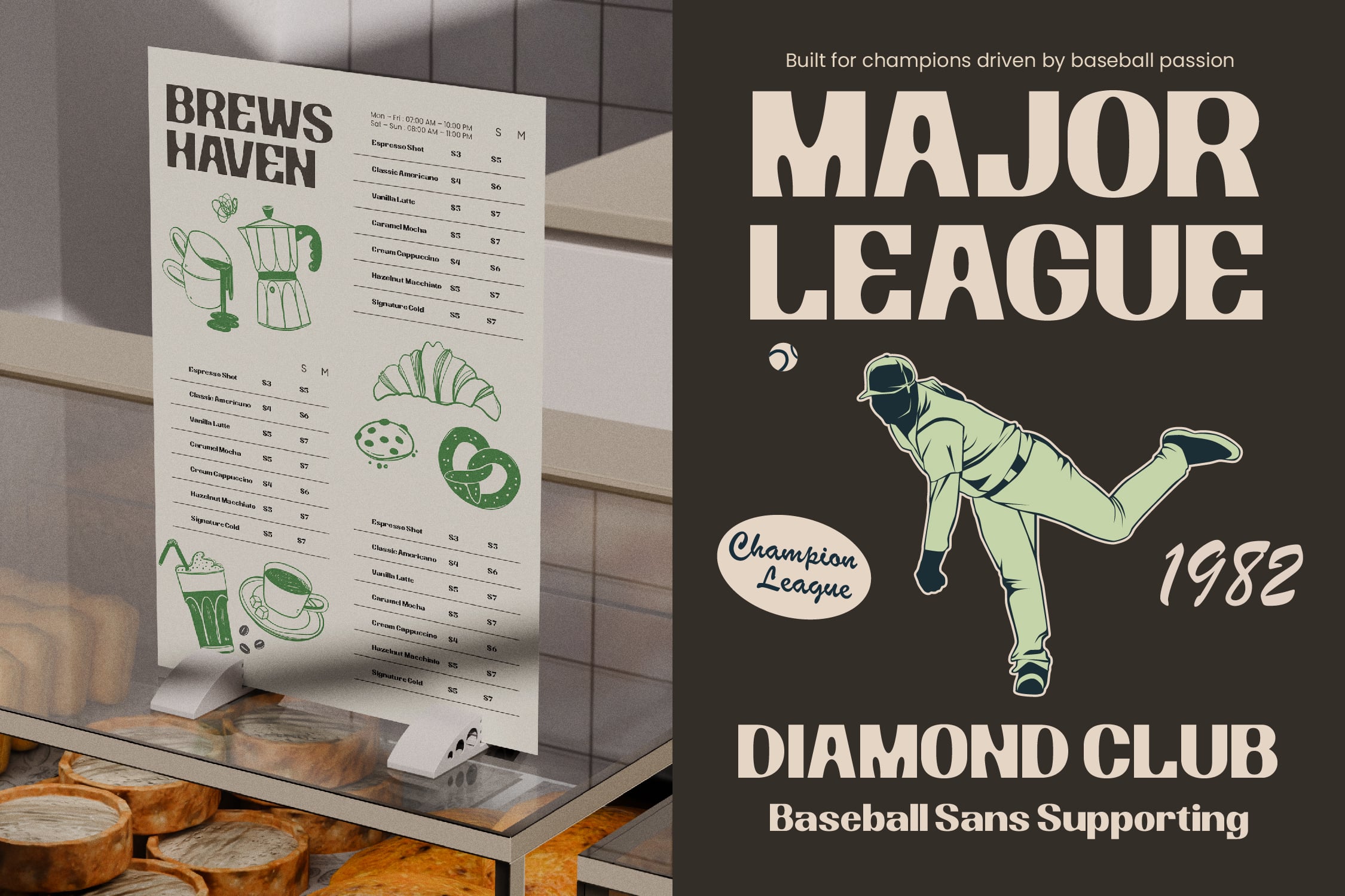 Coffee shop menu mockup with vintage baseball branding on dark background