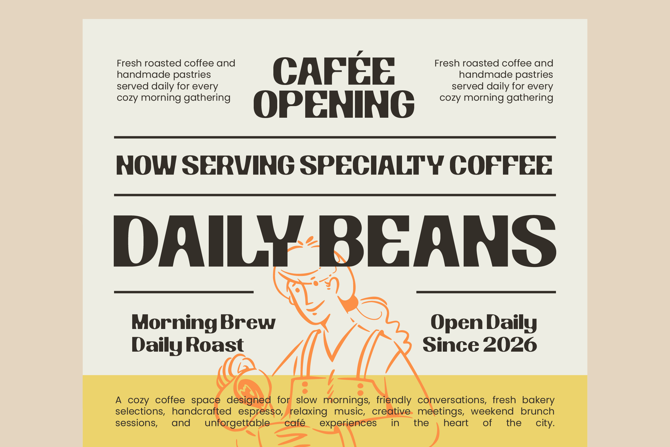 Retro coffee shop poster with bold typography announcing Daily Beans café opening with specialty coffee