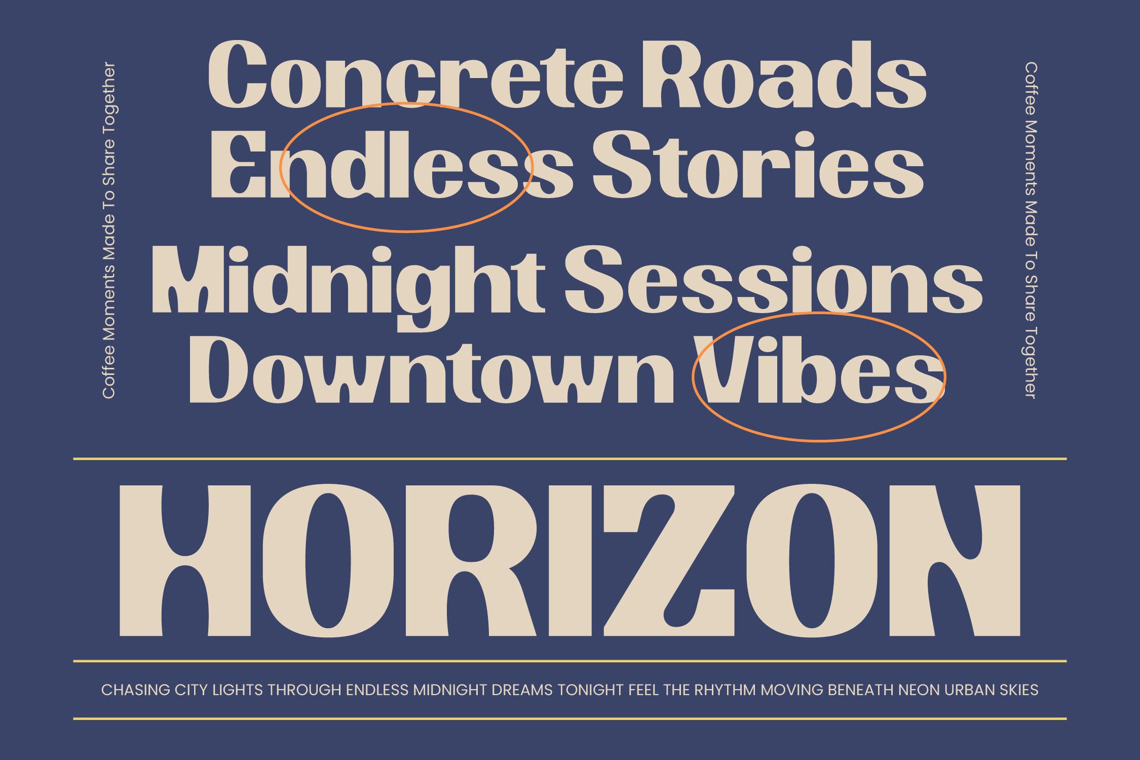 Retro poster with cream serif type on navy background, orange circle highlights, vertical sidebar text