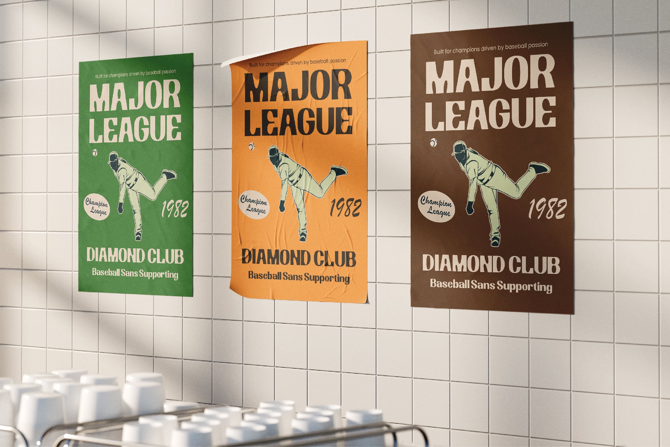 Vintage baseball poster mockup in green, orange, brown showing pitcher illustration with 1982 Champions League branding on white tile wall