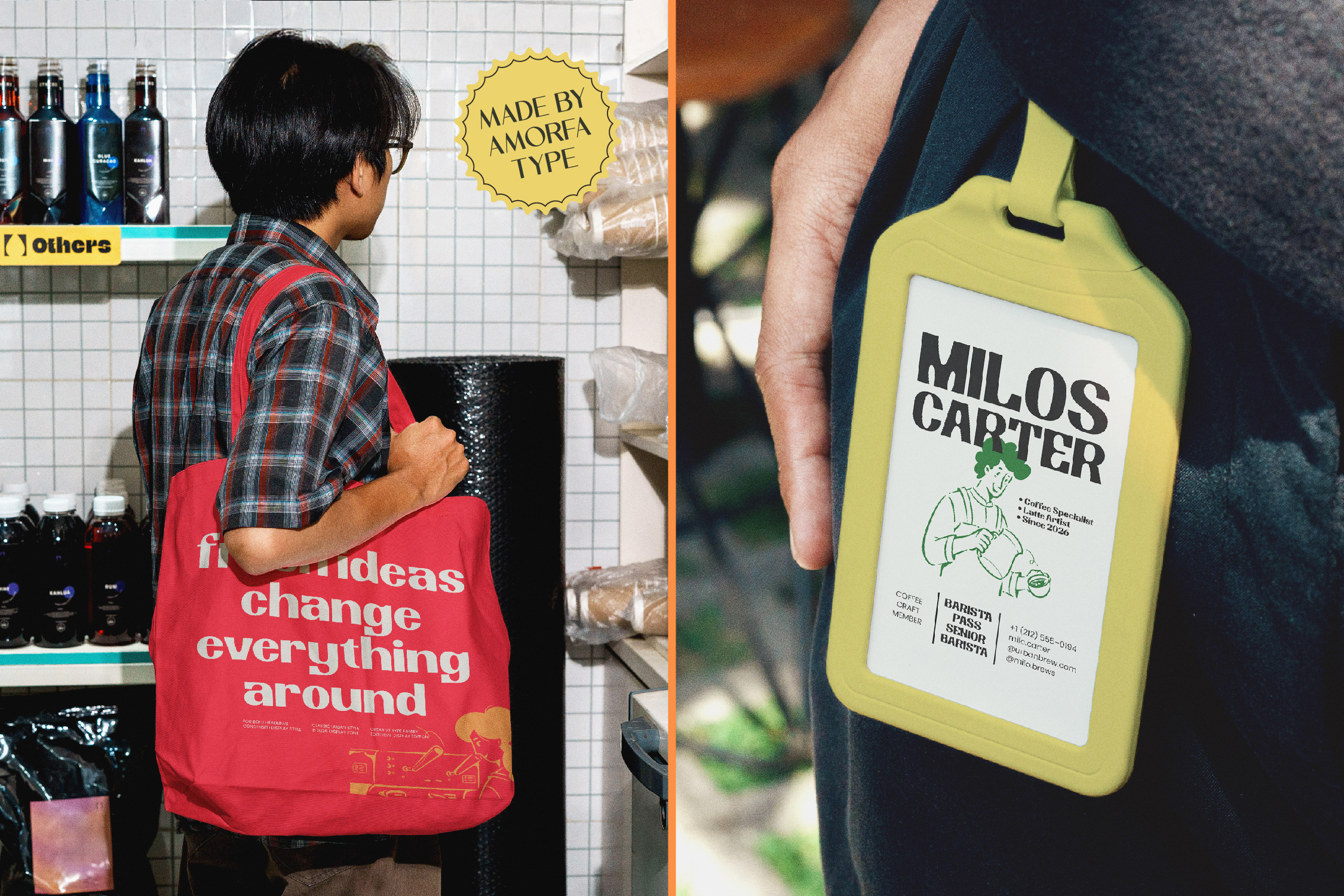 Split screen mockup showing red tote bag with bold typography on left, yellow bottle holder with label on right