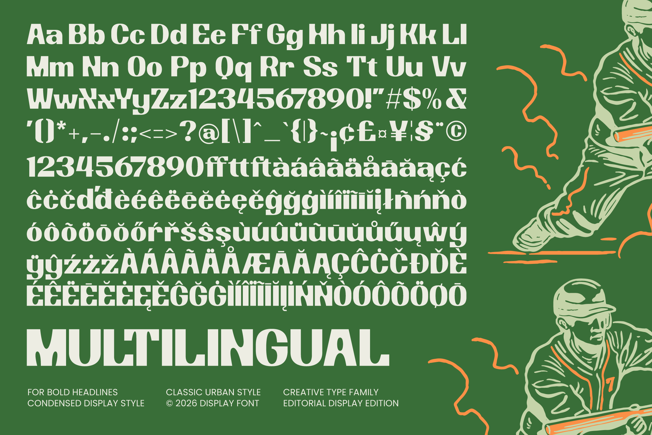 Multilingual condensed display font showing full character set with accents on forest green background