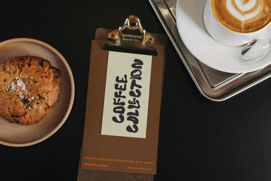 Clipboard mockup surrounded by coffee cup with latte art, pastry in bowl on dark background