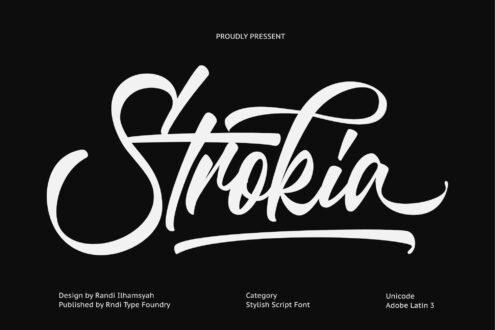 Strobila flowing script font in white on black background with designer info