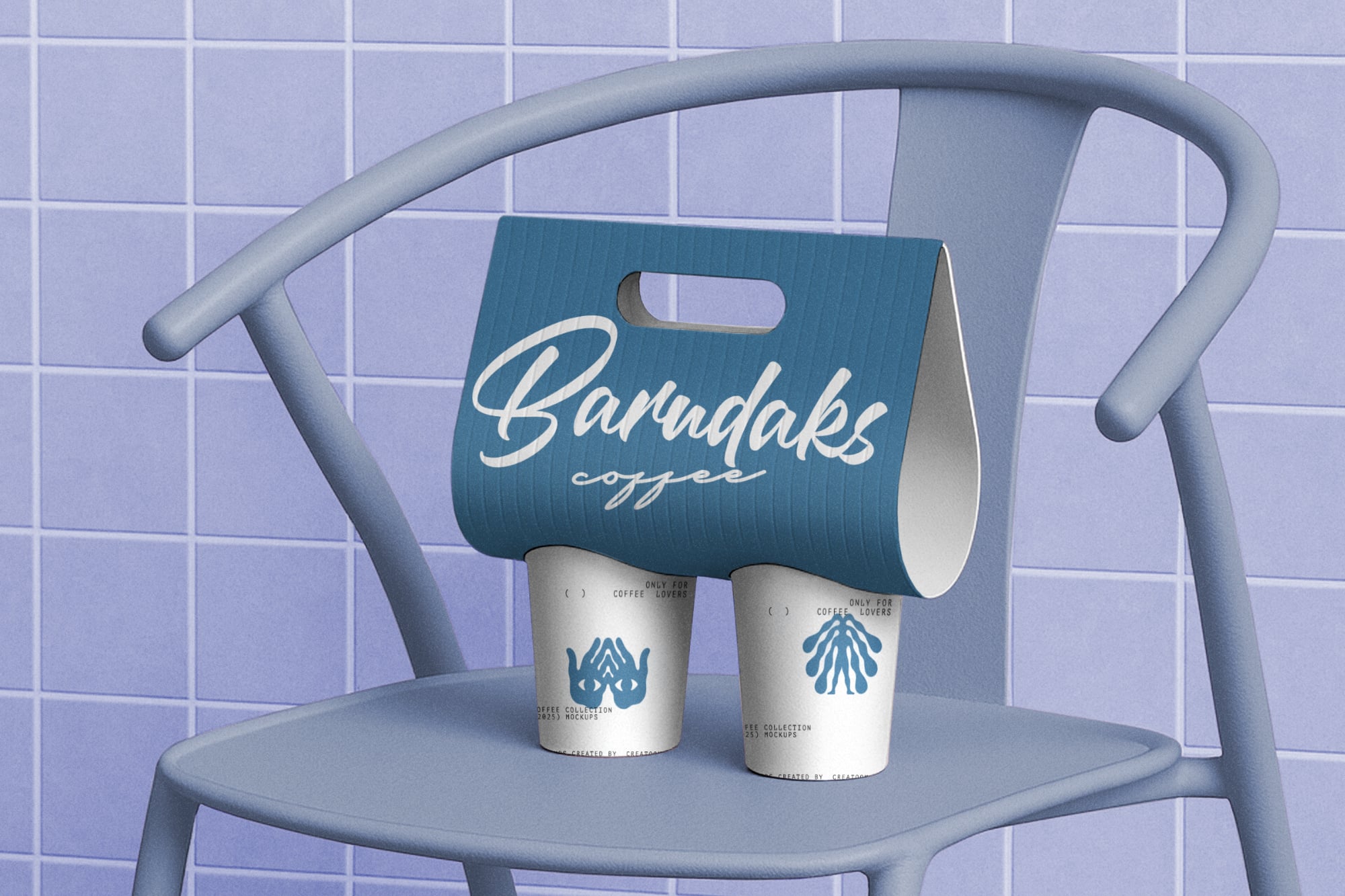 Coffee cup with carrier bag mockup in teal with script branding on modern chair