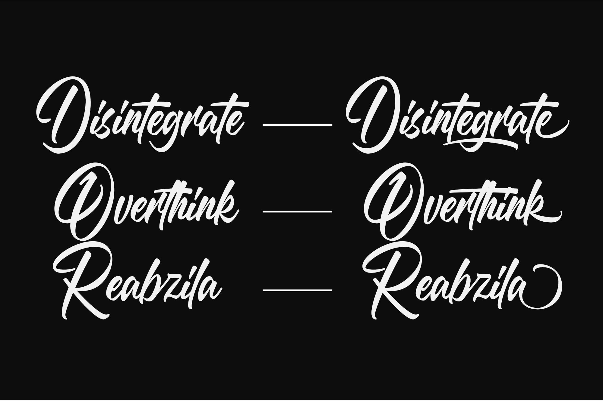 Flowing script font showing three words in regular plus alternate versions on black background
