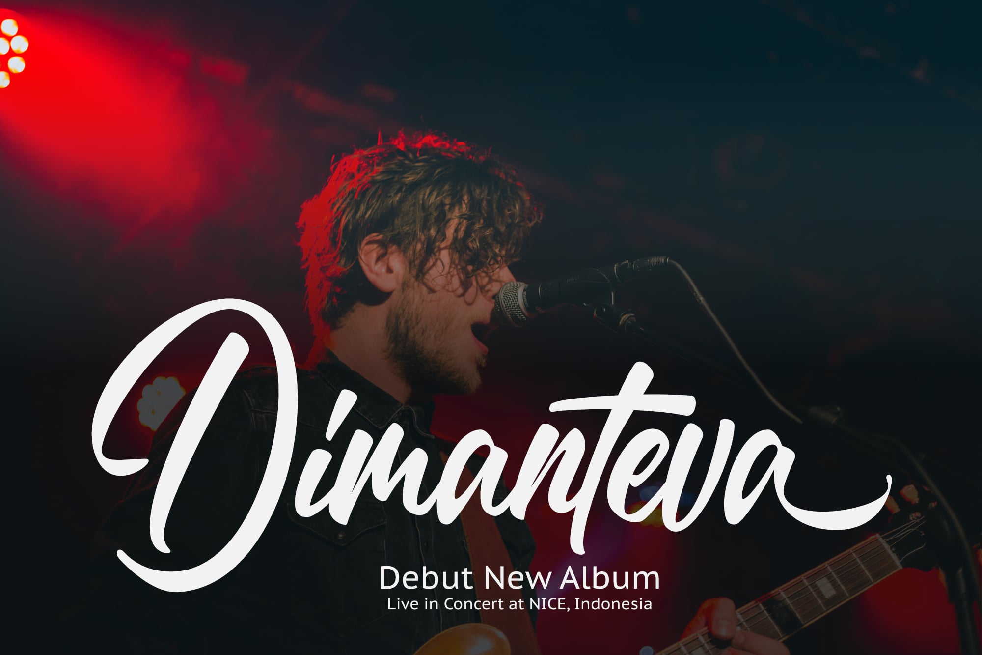 Musician performing live on stage with red lighting, guitar, microphone, Dimantella album cover text overlay