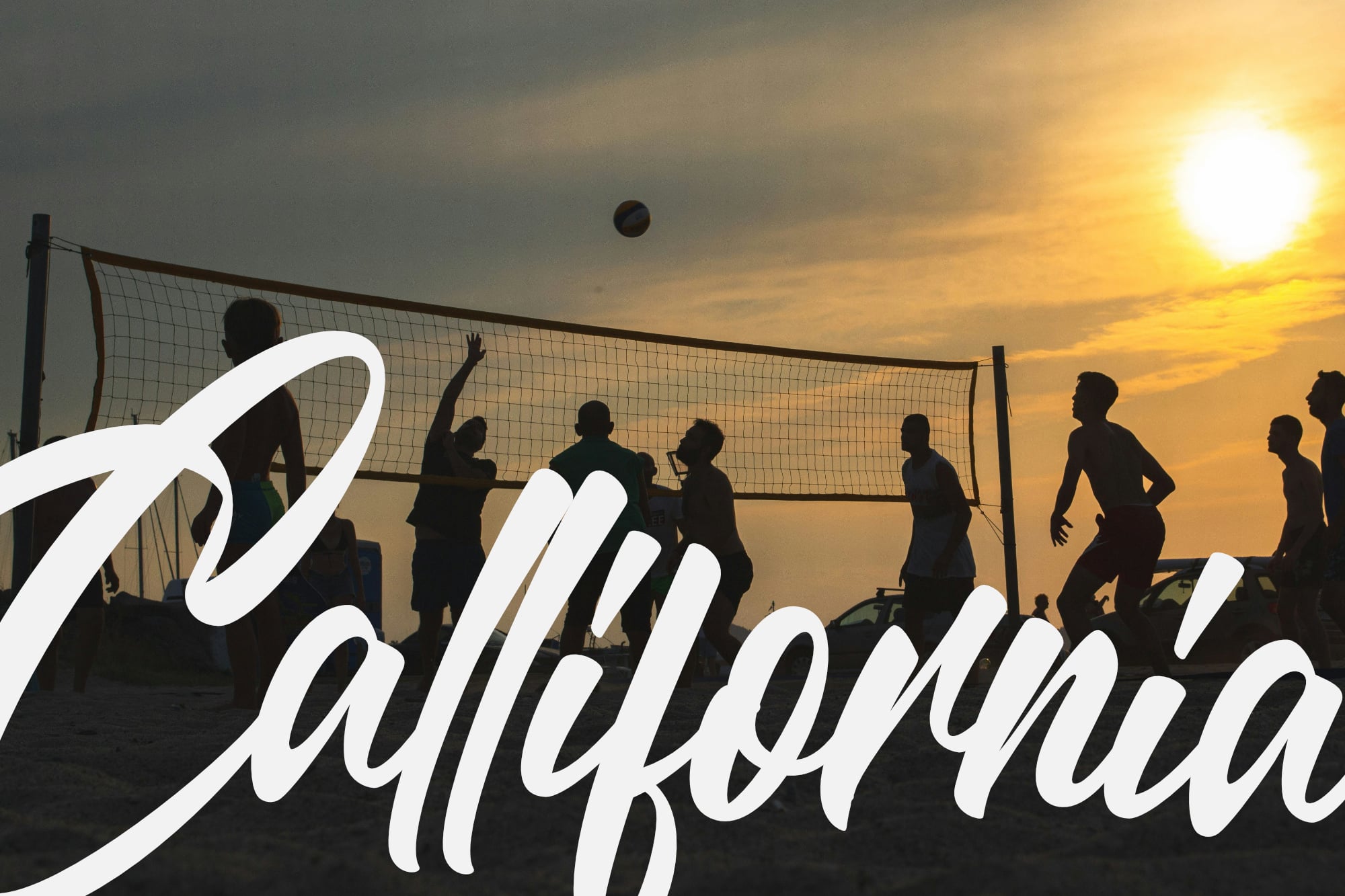 Volleyball game at sunset with silhouetted players, ball mid-air, cursive script overlay