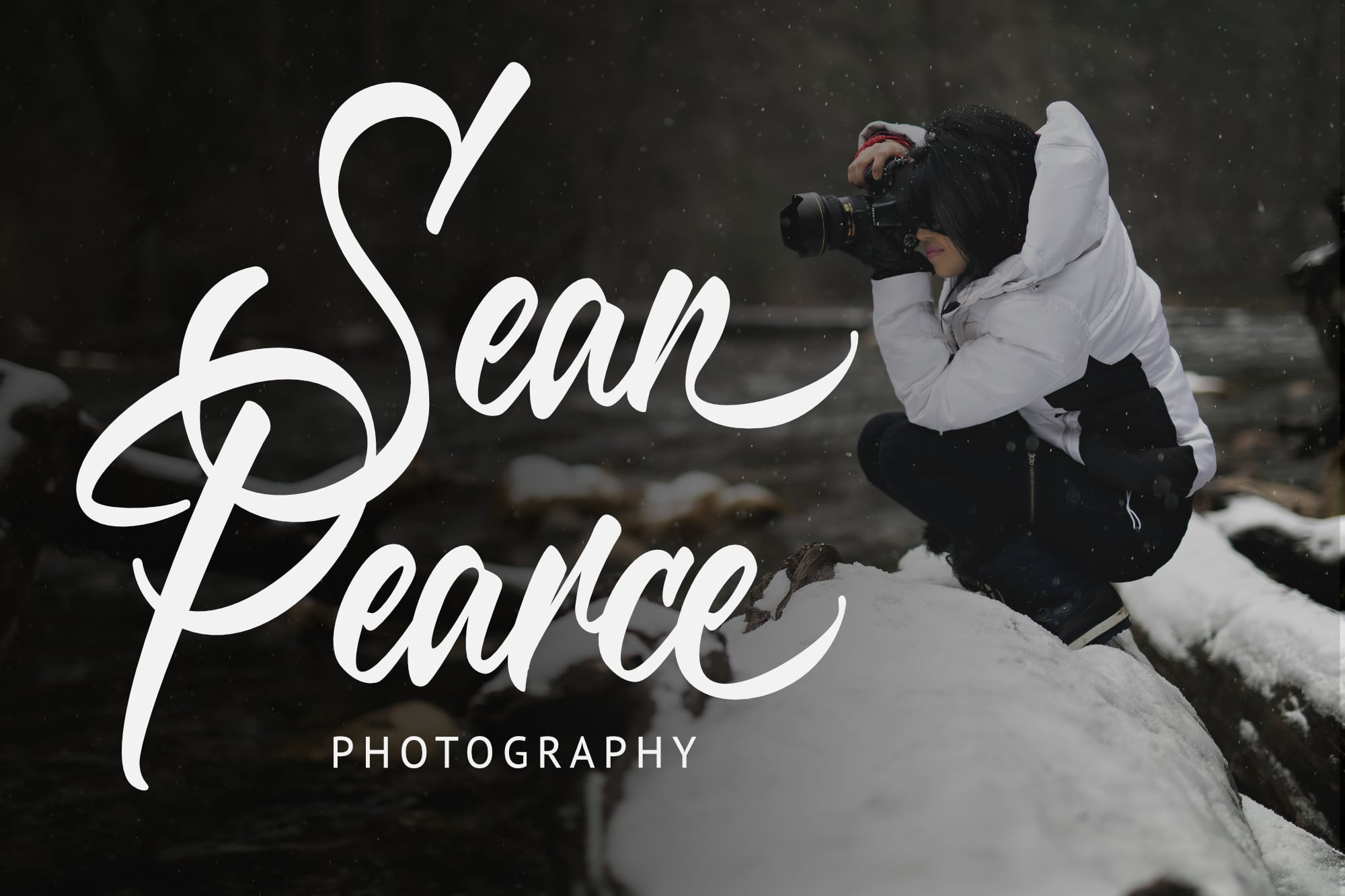 Photographer in white jacket shooting in snowy landscape with elegant script overlay text