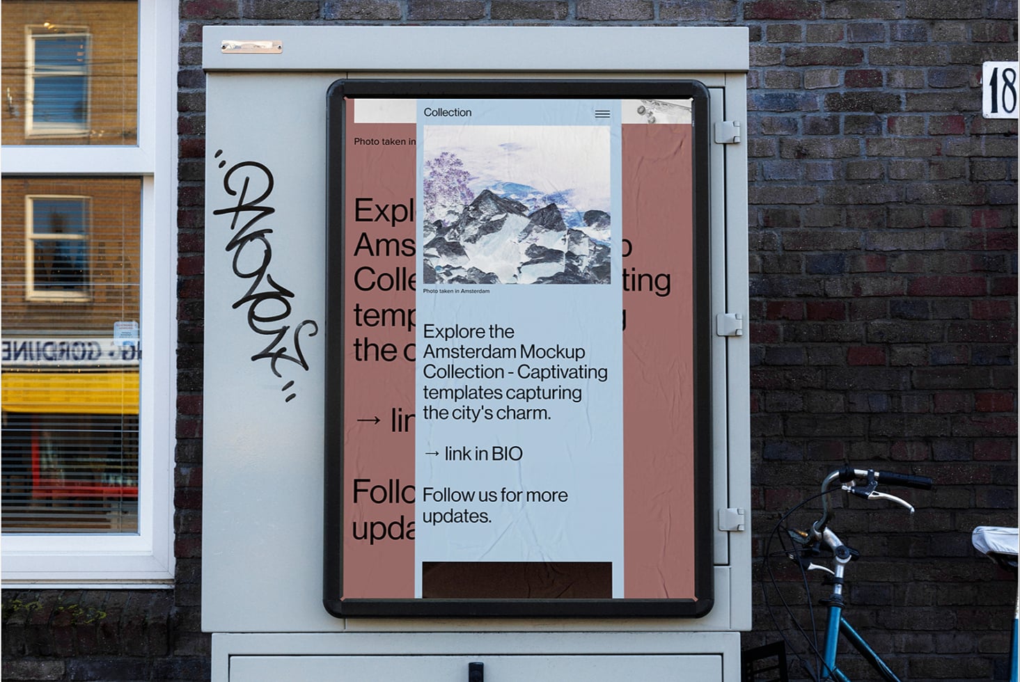 Tablet mockup mounted on street box showing Amsterdam travel collection with mountain photo, duotone layout, graffiti wall behind