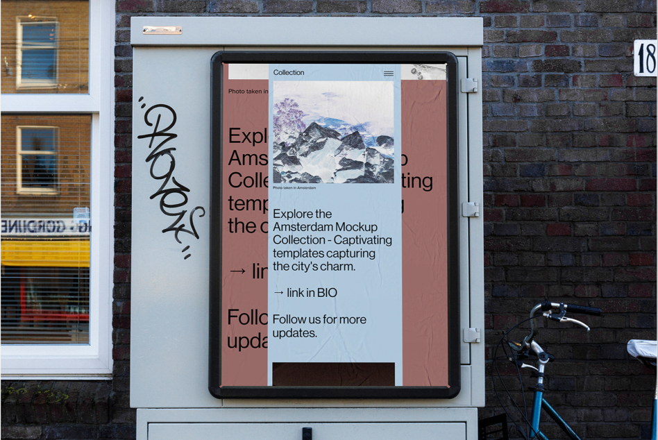 Tablet mockup mounted on street box showing Amsterdam travel collection with mountain photo, duotone layout, graffiti wall behind