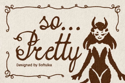 So Pretty script with horned demon character illustration on cream texture
