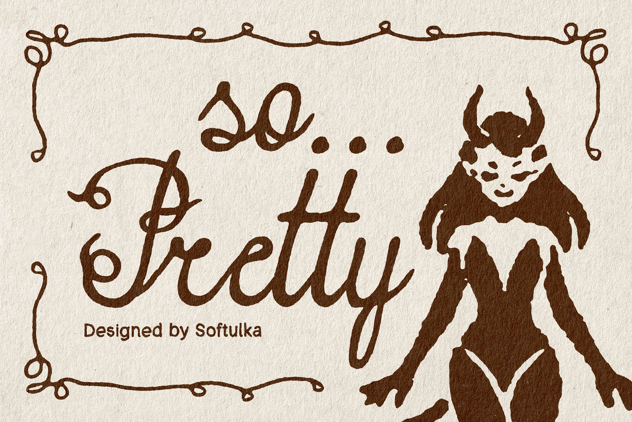 So Pretty script with horned demon character illustration on cream texture