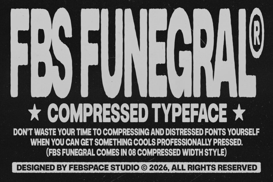 FBS Funegrae compressed typeface title with design studio credit info