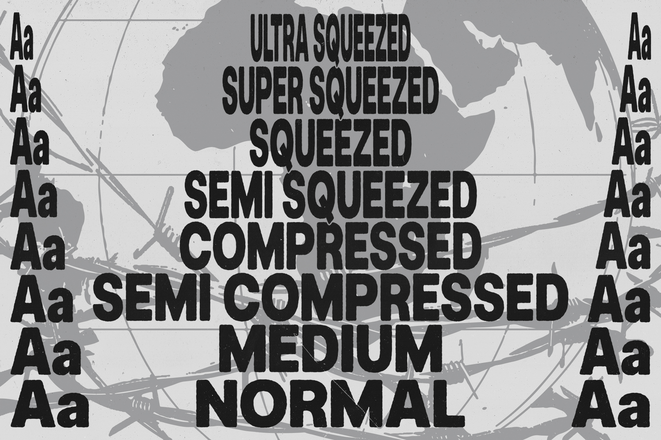 Compressed font weights displayed from ultra squeezed to normal on textured background